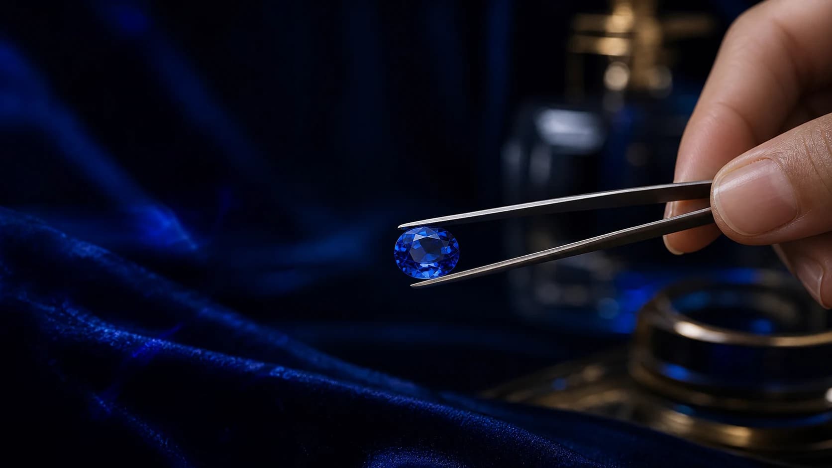 Natural Ceylon blue sapphire held in tweezers over a warm ivory backdrop